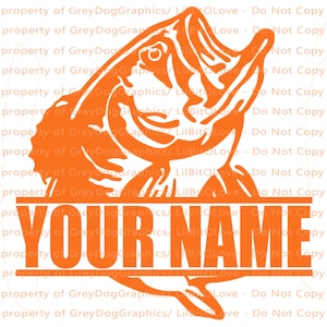 May include: Orange silhouette of a fish with its mouth open, jumping out of the water. The fish is outlined in white and has a black eye. The text "YOUR NAME" is printed in white letters on a black bar below the fish.