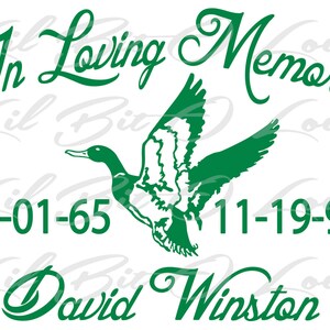 May include: Green silhouette of a flying duck with the text "In Loving Memory" above and "David Winston" below. The dates "01-01-65" and "11-19-93" are on either side of the duck.
