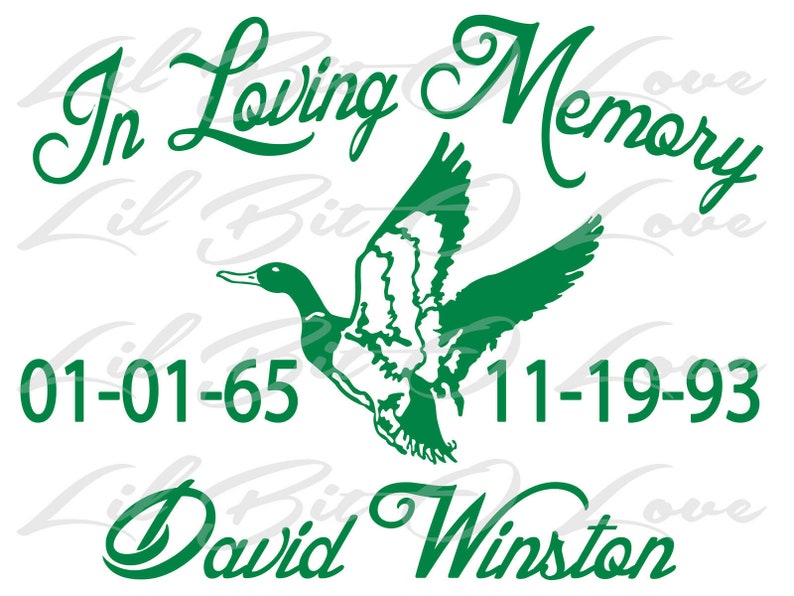 May include: Green silhouette of a flying duck with the text "In Loving Memory" above and "David Winston" below. The dates "01-01-65" and "11-19-93" are on either side of the duck.