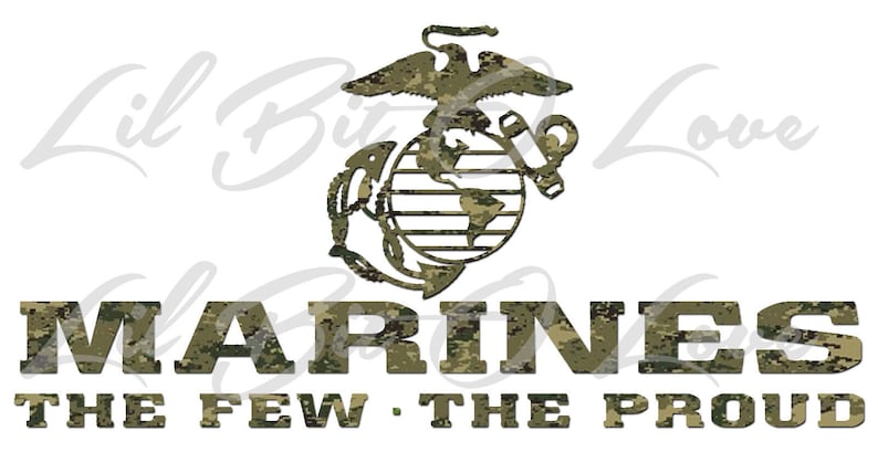 May include: A green and brown camouflage design of the United States Marine Corps emblem with the words "MARINES THE FEW THE PROUD" below.