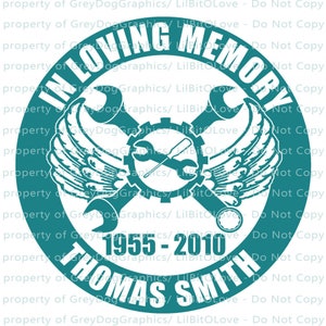 In Memory with Mechanic Tool and Wings Viny Decal Sticker - Personalize with Name and Years