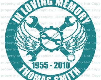 In Memory with Mechanic Tool and Wings Viny Decal Sticker - Personalize with Name and Years