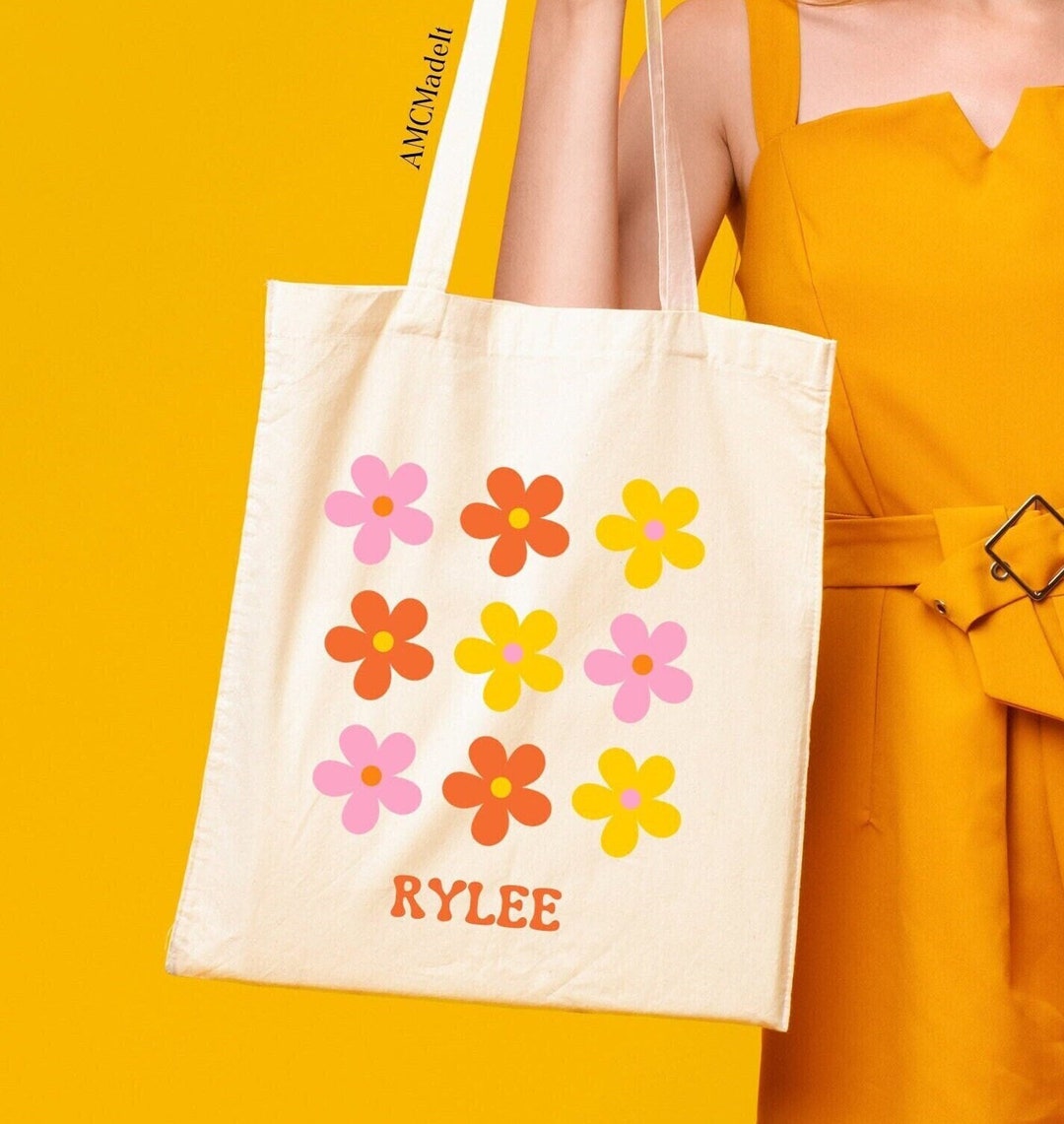 Preppy Tote Bag Personalized Name Bag Canvas Bag Flower Etsy
