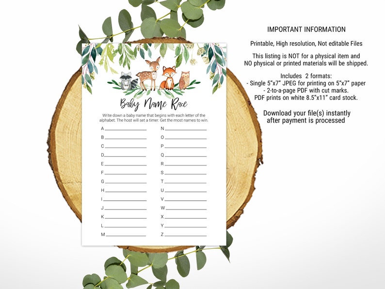 Woodland Baby Name Race Game. Gender Neutral Baby Shower Etsy