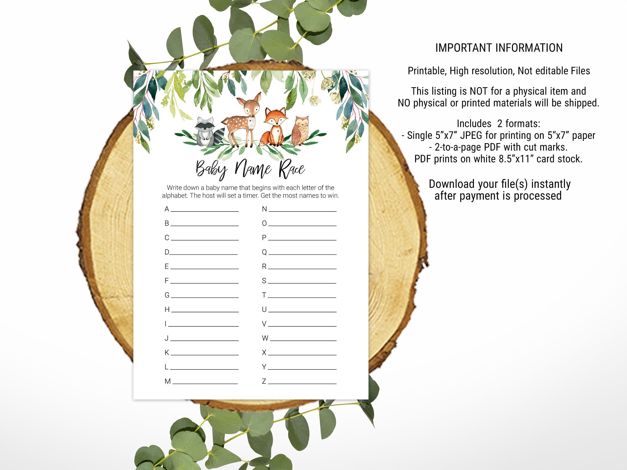 Woodland Baby Name Race Game. Gender Neutral Baby Shower Etsy