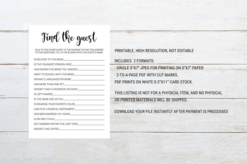 Find the Guest Game. Bridal Shower Game Fun Icebreaker Game. Etsy