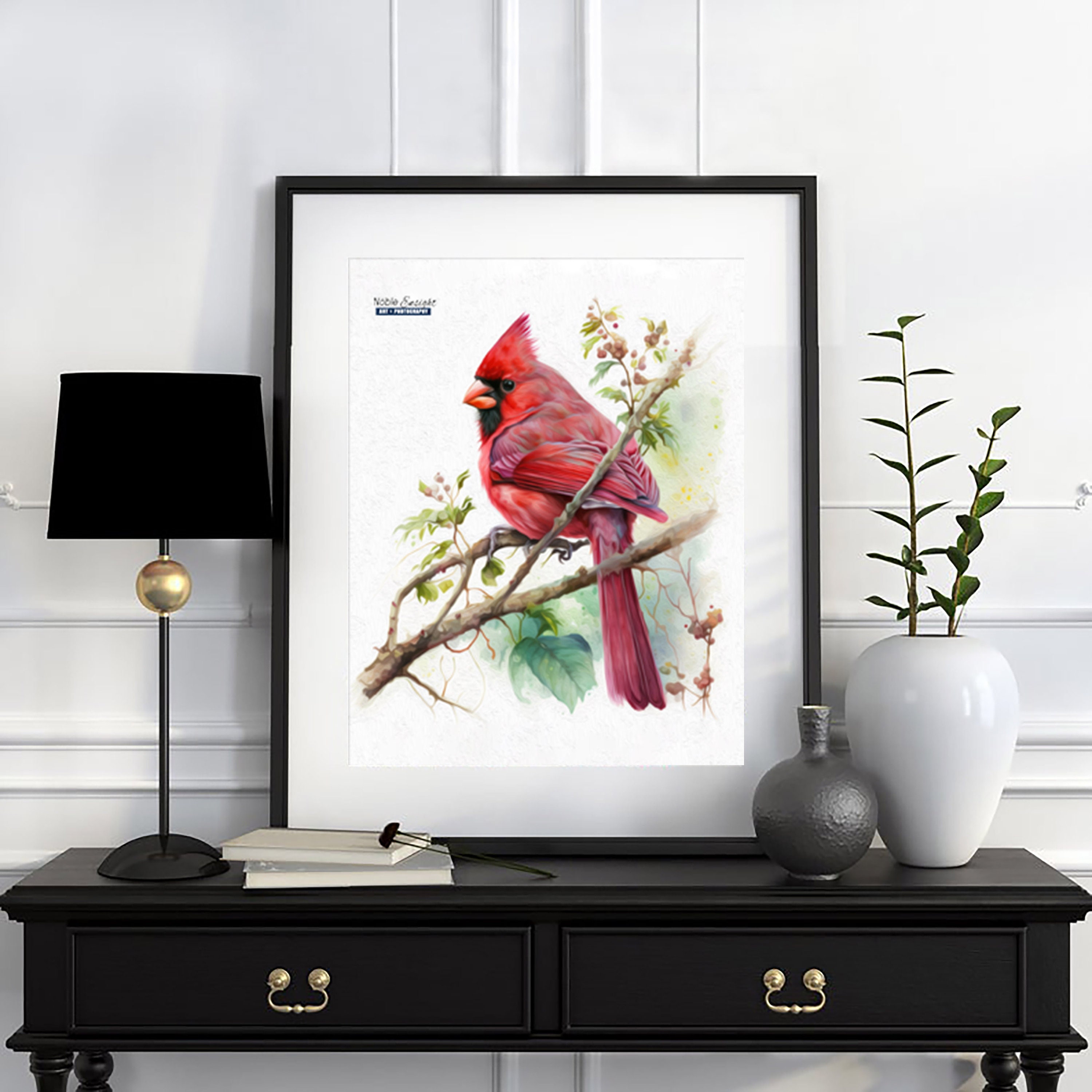 Northern Red Cardinal Oil Painting Watercolor Print, Red Bird
