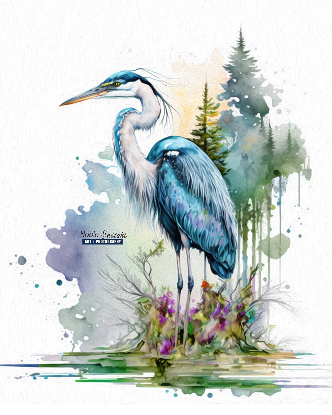 Heron Watercolor Oil Painting Art Print Great Blue Heron Watercolor ...
