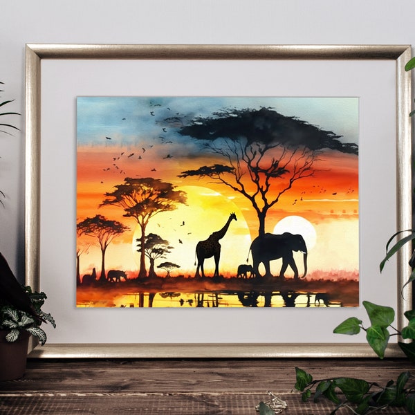 African Safari Watercolor Oil Painting Print - Safari Oil Painting - Elephant Giraffe Sunset - Landscape Majestic Scene