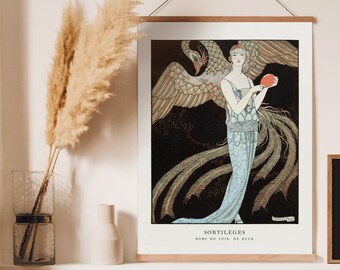 1920s French Fashion Wall Art, Woman with Phoenix, George Barbier Illustration, Giclee Prints, French New Wave, Flapper Girl Costume, Bird