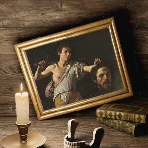 Caravaggio Painting, David with the Head of Goliath, Decapitated Head, Halloween Art, Satanic Art, 1600s Oil Painting, Altar Item, Witch Art