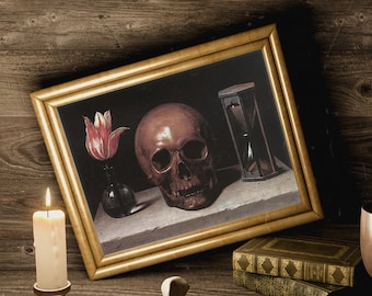 May include: A framed still life painting with a skull, a tulip, and an hourglass on a wooden table. A lit candle, a jawbone, and a goblet are on the table in front of the painting.