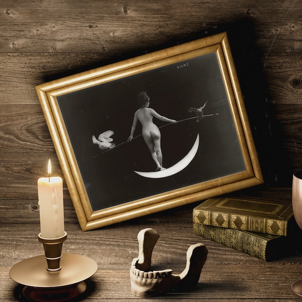 PRINTABLE | Gothic Art, Nude Woman, Crescent Moon, White Doves, Paper Moon, Vintage Photograph, Witch Spell, Witchy Art, Digital Download