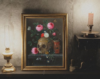 Gothic Art, Halloween Decorations, Vintage Skull Painting, Vanitas Still Life, Oil Painting, Jan van Kessel, Skull and Roses, Still Life