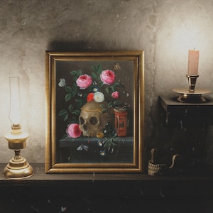 Arte Gótico, Decoraciones de Halloween, Pintura de Calaveras Vintage, Naturaleza Muerta de Vanitas, Pintura al óleo, Jan van Kessel, Calavera y Rosas, Naturaleza Muerta
