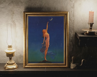 Atteindre la lune, peinture d'Edward Mason Eggleston, art d'Halloween, sorcière de la lune, art sorcière, art d'autel, art effrayant, femme nue, poussière de fée