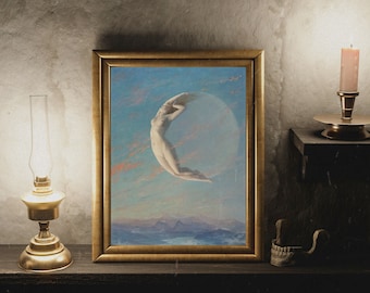 Sorcière de la lune, peinture à l'huile des années 1880, Selene d'Albert Aublet, décoration d'Halloween, art païen, art d'autel, femme nue, femme et lune, pleine lune, nature