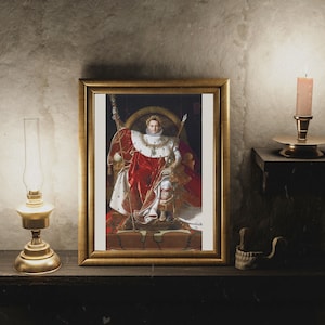Napoleon on his Imperial Throne, Jean Auguste Dominique Ingres, King Art, Man in Crown, Napoleon Art, Red Velvet, Royalty, Giclee Print, Art
