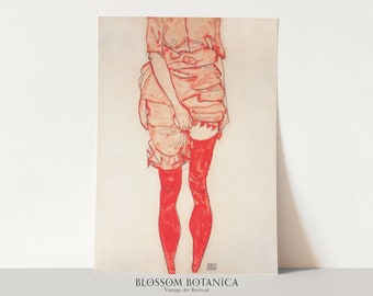 Rare Egon Schiele Art Print, Stehende Frau in Rot, Red Stockings, French Portrait, Sketch of Woman, Red Portrait, Red Lingerie, Skirt Legs