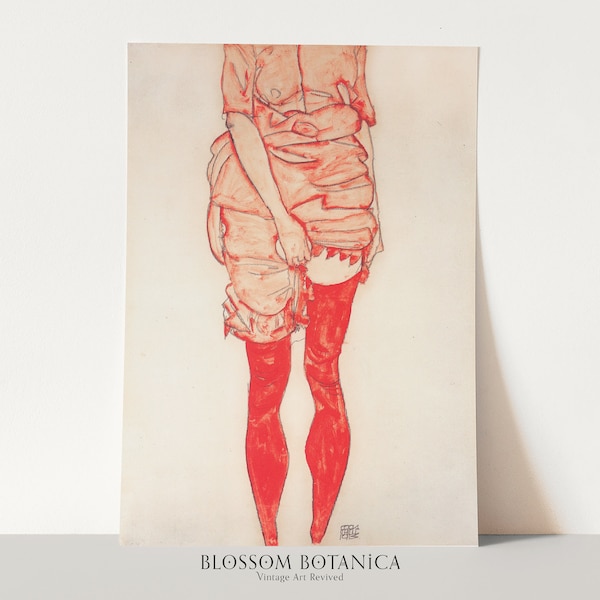 Seltene Egon Schiele Art Print, Stehende Frau in Rot, Rote Strümpfe, Französisches Portrait, Skizze einer Frau, Rotes Portrait, Rote Dessous, Rock Beine