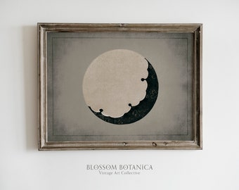Vintage Moon Print, Celestial Art, Dark Academia, Moody Art Print, Full Moon, Crescent Moon, Astrology Print, Antique Moon Painting, Gray