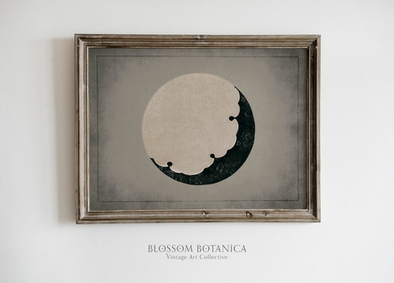 Vintage Moon Print, Celestial Art, Dark Academia, Moody Art Print, Full Moon, Crescent Moon, Astrology Print, Antique Moon Painting, Gray