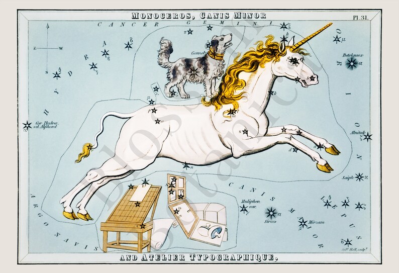 K&ouml;nnte beinhalten: Eine Vintage-Illustration der Sternbilder Einhorn und Kleiner Hund. Das Bild zeigt ein wei&szlig;es Einhorn mit goldenem Horn und M&auml;hne, das &uuml;ber einen blauen Himmel rennt. Ein kleiner Hund steht auf dem R&uuml;cken des Einhorns. Die Sternbilder sind mit Sternen und Buchstaben beschriftet.