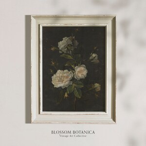May include: A framed vintage botanical print featuring white roses on a dark background. The frame is white with a distressed finish. The print is titled "BLOSSOM BOTANICA Vintage Art Collective".