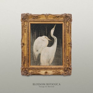 May include: A framed painting of two white birds with long necks and beaks, standing on a dark background. The frame is ornate and gold in color. The painting is titled "BLOSSOM BOTANICA Vintage Art Revived".