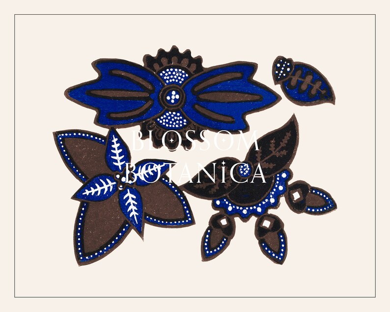 Puede incluir: Ilustraci&oacute;n de dise&ntilde;os florales estilizados en tonos marr&oacute;n, azul y negro, con detalles blancos. La imagen incluye el texto "BLOSSOM BOTANICA" en blanco. Los elementos florales est&aacute;n dispuestos sobre un fondo crema.