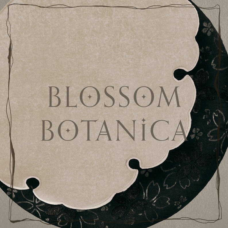 Puede incluir: Una ilustraci&oacute;n en blanco y negro de una flor estilizada sobre un fondo beige. El texto "BLOSSOM BOTANICA" est&aacute; centrado en el fondo beige.