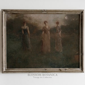 Three Garden Nymphs, Dark Cottagecore Aesthetic, Dark Academia Oil Painting, Vintage Fantasy Aesthetic, Nature Art, Dark Aesthetic Painting