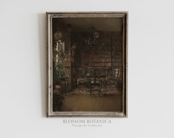 May include: A framed painting depicting a dimly lit library interior with bookshelves filled with books, a table with chairs, and a chandelier hanging from the ceiling.