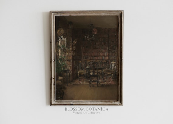 Dark Academia Art Print, Library Painting, Academic Art, Books on Shelves, Nerdy Art, Dark Aesthetic, Moody Art, Gothic Art, Dark Literature