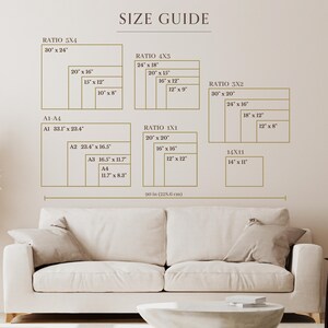 May include: A size guide chart with various rectangular shapes and dimensions in inches, including 30" x 24", 20" x 16", and 14" x 11". The text "SIZE GUIDE" is at the top. A sofa is in the foreground.