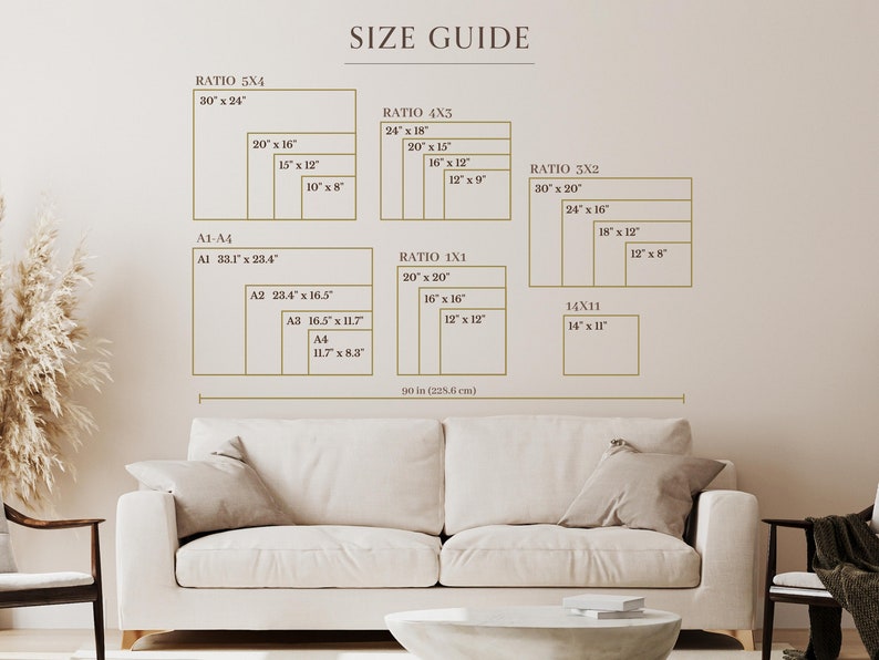 May include: A size guide chart with various rectangular shapes and dimensions in inches, including 30" x 24", 20" x 16", and 14" x 11". The text "SIZE GUIDE" is at the top. A sofa is in the foreground.
