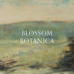 May include: A painting depicting a landscape with a green field and a blue sky. The text "BLOSSOM BOTANICA" is written in white on the painting.