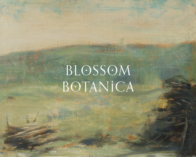 May include: A painting depicting a landscape with a green field and a blue sky. The text "BLOSSOM BOTANICA" is written in white on the painting.