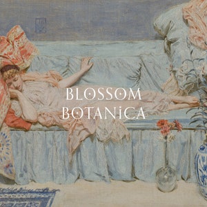 May include: A painting depicting a woman reclining on a blue sofa with a floral design. She is wearing a pink dress and has her head resting on a red cushion. The sofa is adorned with a red and orange throw. The text "BLOSSOM BOTANICA" is written in white on the sofa.