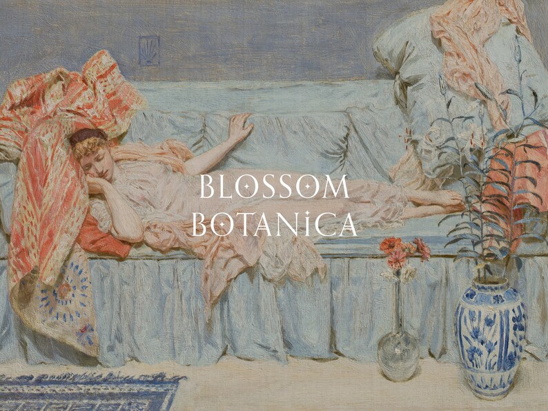 May include: A painting depicting a woman reclining on a blue sofa with a floral design. She is wearing a pink dress and has her head resting on a red cushion. The sofa is adorned with a red and orange throw. The text "BLOSSOM BOTANICA" is written in white on the sofa.