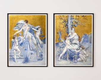 Luc-Olivier Merson Art Set | 1800s Art | Gold Foil Art | Oil Painting of Angels | Allegory of Time | Allegory of Fortune | Antique Painting