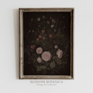 Strawberry Flowers, Gothic Floral Painting, Vintage Victorian Art, Dark Cottagecore Aesthetic, Dark Academia Botanical, Moody Vintage Art