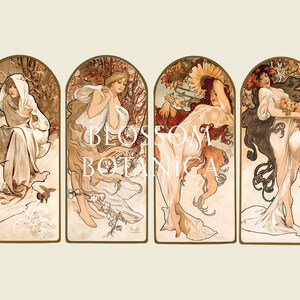 May include: Four framed illustrations of women in different seasons. The woman in the first frame is wearing a white robe and is surrounded by wintery foliage. The woman in the second frame is wearing a white dress and is surrounded by spring flowers. The woman in the third frame is wearing a white dress and is surrounded by summer flowers. The woman in the fourth frame is wearing a white dress and is surrounded by autumn leaves.