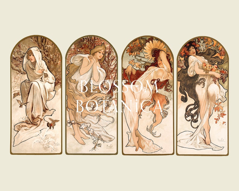 May include: Four framed illustrations of women in different seasons. The woman in the first frame is wearing a white robe and is surrounded by wintery foliage. The woman in the second frame is wearing a white dress and is surrounded by spring flowers. The woman in the third frame is wearing a white dress and is surrounded by summer flowers. The woman in the fourth frame is wearing a white dress and is surrounded by autumn leaves.