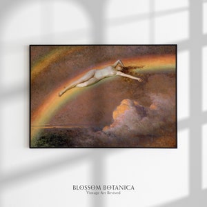 May include: A vintage art print featuring a nude figure lying on a rainbow in a cloudy sky. The colors are muted and the overall tone is dreamy and ethereal.