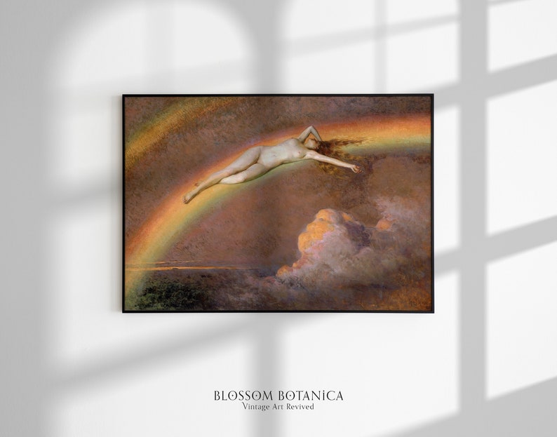 May include: A vintage art print featuring a nude figure lying on a rainbow in a cloudy sky. The colors are muted and the overall tone is dreamy and ethereal.