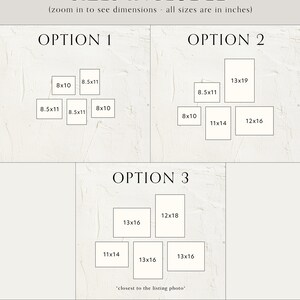 May include: A chart showing different print sizes available for purchase. The sizes are listed in inches. The chart is divided into three sections: Option 1, Option 2, and Option 3. Each section shows a different set of print sizes. The text 'closest to the listing photo' is included in the chart. The text 'BLOSSOM BOTANICA Art Revived' is at the bottom of the chart.