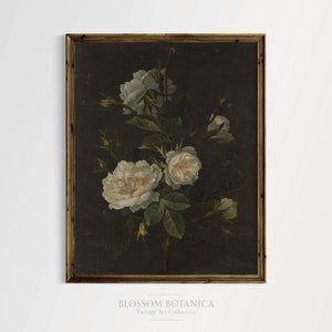 May include: A vintage botanical illustration of white roses with green leaves on a dark background. The artwork is framed in a wooden frame.
