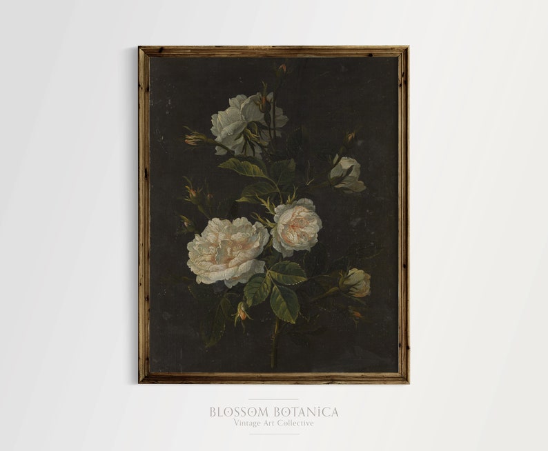 May include: A vintage botanical illustration of white roses with green leaves on a dark background. The artwork is framed in a wooden frame.
