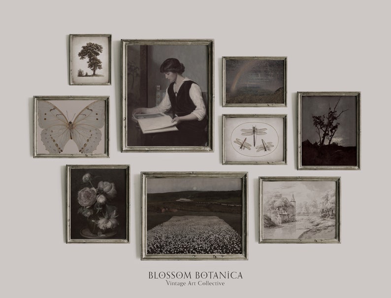 May include: A gallery wall of vintage botanical prints in black and white frames. The prints feature a butterfly, a dragonfly, a tree, a woman reading a book, a field of flowers, a landscape with a rainbow, and a house by a river. The text "BLOSSOM BOTANICA Vintage Art Collective" is at the bottom of the image.